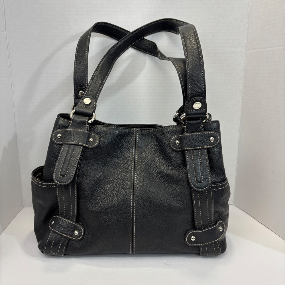 Tignanello Pebbled Leather Shoulder Bag Purse Black Classic Tote Contrast Stitch